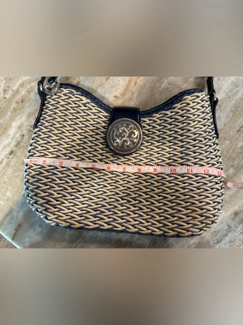 Vintage BRIGHTON Jani navy and cream woven summer charm shoulder handbag